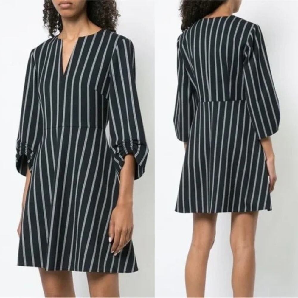 TIBI Felix Split Neck Gathered Blouson Sleeve Pinstripe Dress Size 2 Navy White